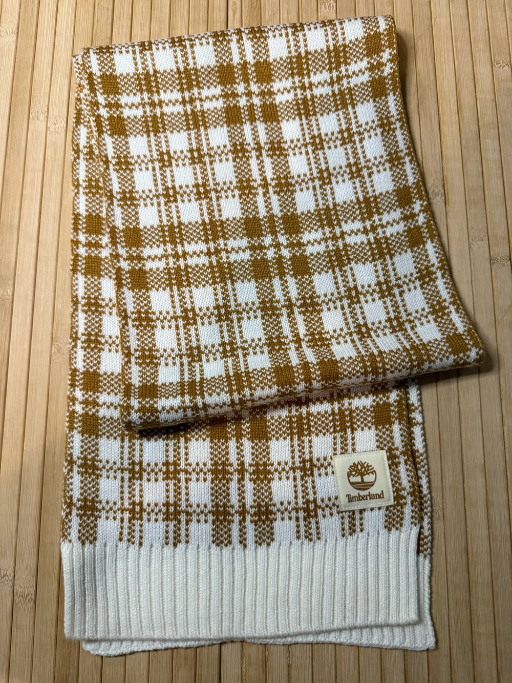 NWOT Timberland Buffalo Plaid Knit Scarf Wheat Cream Camel One Size